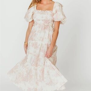 Elena 100% Cotton Toile Print Smocked Midi Dress in Pink